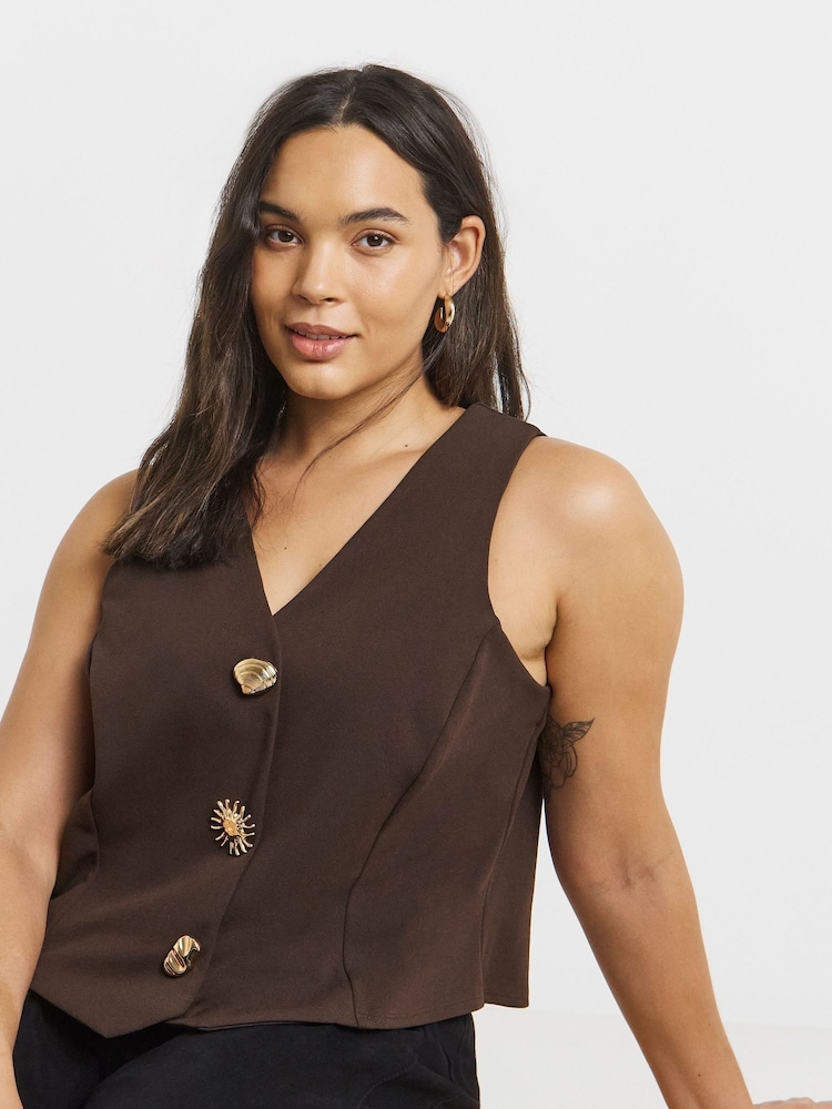 Simply Be Brown Scuba Crepe Longline Waistcoat - Image 1 of 4 Simply Be Brown Scuba Crepe Longline Waistcoat - Image 1 of 4