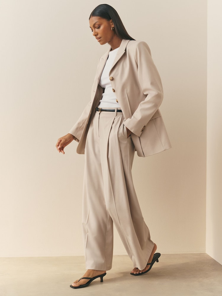 Nothing Ordinary Neutral Premium Tailored Wide Leg Trousers With Pleat Detail With Wool - Image 1 of 5