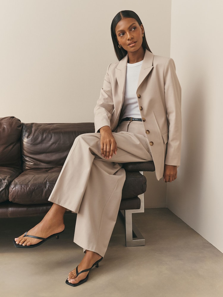 Nothing Ordinary Neutral Premium Tailored Wide Leg Trousers With Pleat Detail With Wool - Image 2 of 5