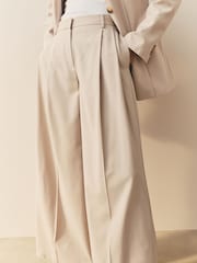 Nothing Ordinary Neutral Premium Tailored Wide Leg Trousers With Pleat Detail With Wool - Image 4 of 5