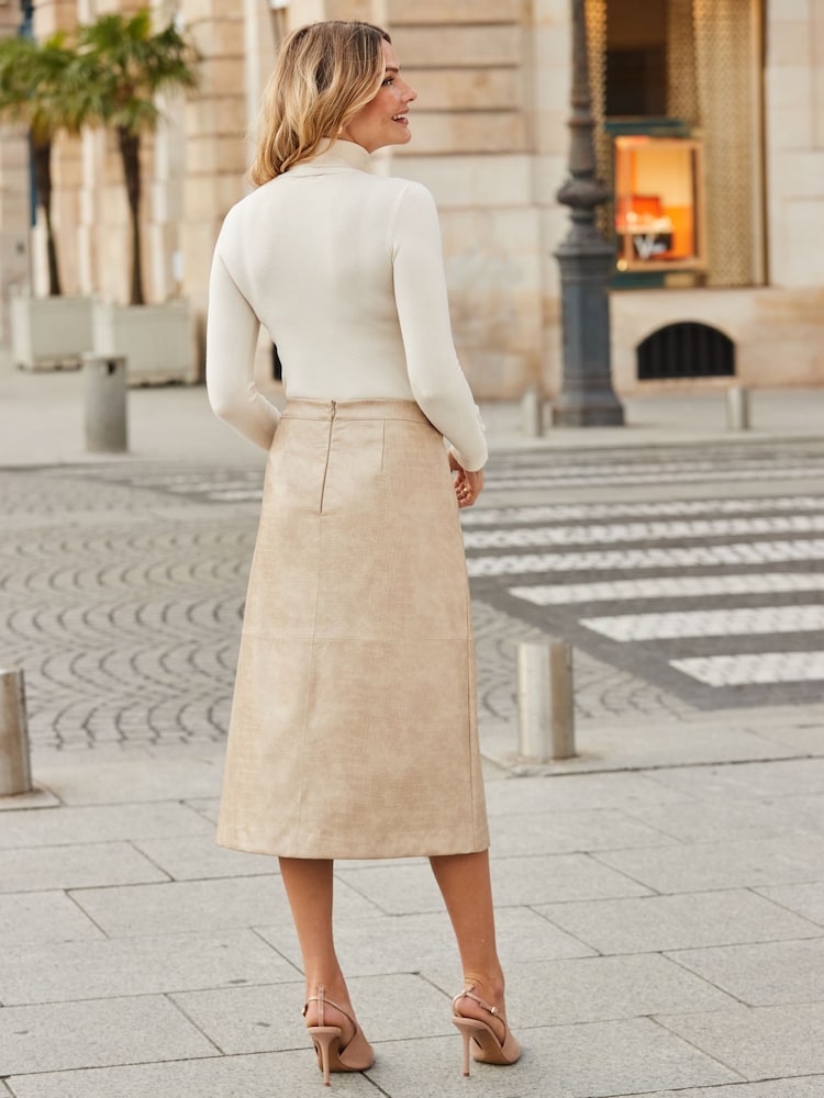 Sosandar Natural Croc Print Faux Leather A-Line Skirt - Image 2 of 4 Sosandar Natural Croc Print Faux Leather A-Line Skirt - Image 2 of 4