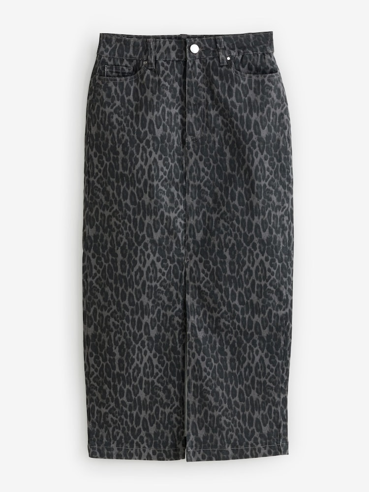 Sosandar Grey Leopard Print Denim Midi Skirt - Image 1 of 1 Sosandar Grey Leopard Print Denim Midi Skirt - Image 1 of 1
