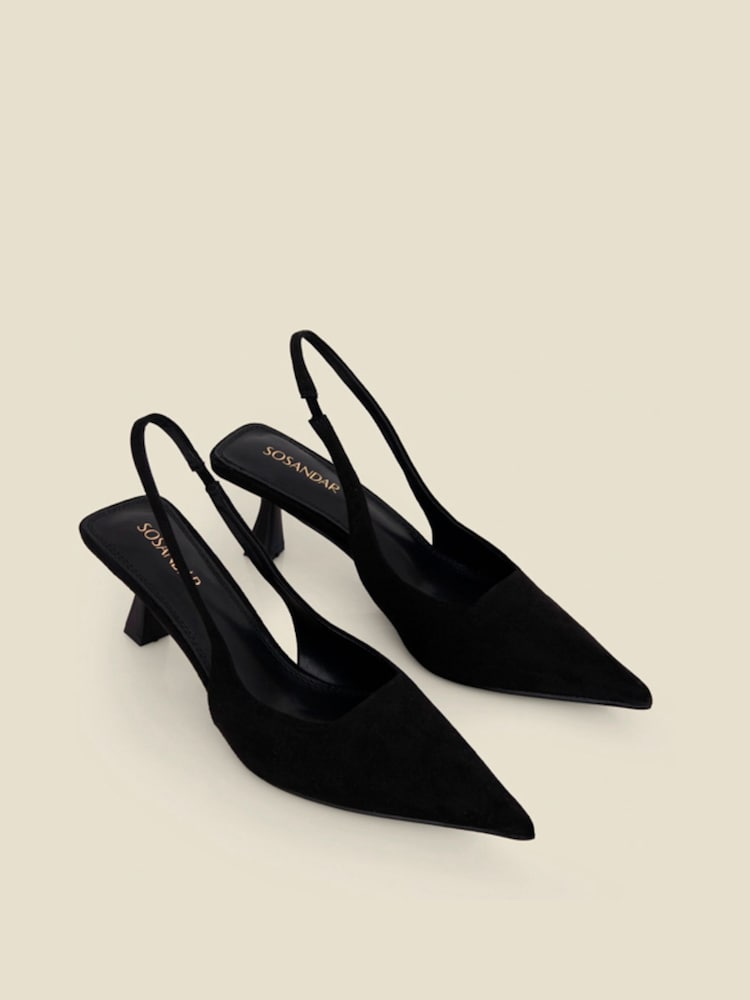 Sosandar Black Faux Suede Kitten Heel Slingback Court Shoes - Image 2 of 4