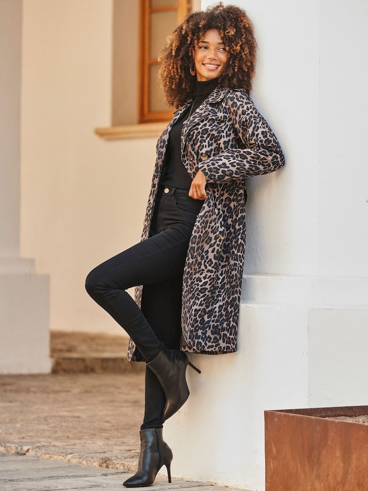 Sosandar Brown Leopard Print Trench Coat - Image 1 of 5 Sosandar Brown Leopard Print Trench Coat - Image 1 of 5