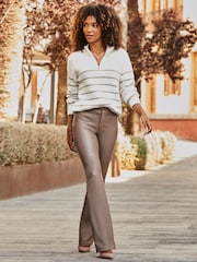Sosandar Natural Faux Leather Button Front Kick Flare Trousers - Image 1 of 3