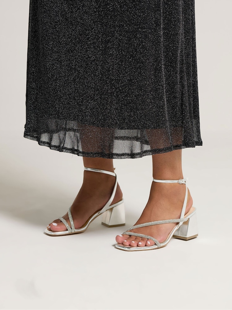 Yours Curve Silver Extra-Wide Fit Diamante Block Sandals - Image 1 of 5