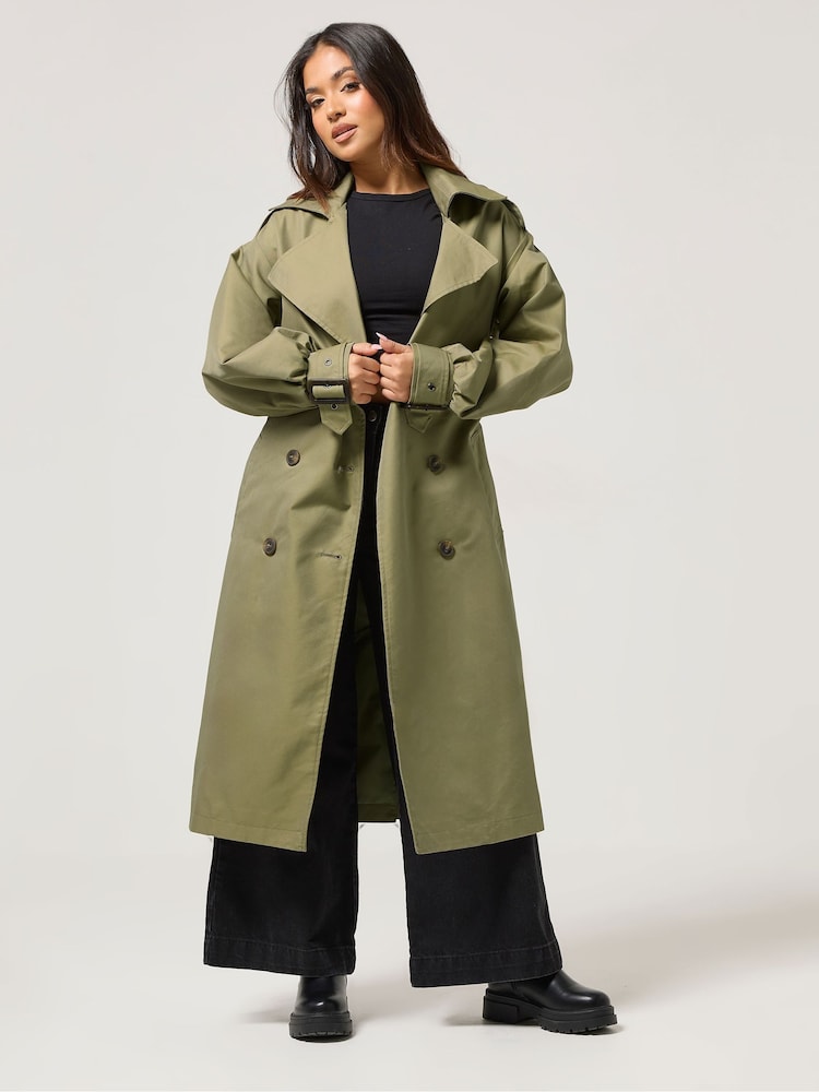 PixieGirl Petite Green Balloon Sleeve Trench Coat - Image 1 of 5 PixieGirl Petite Green Balloon Sleeve Trench Coat - Image 1 of 5