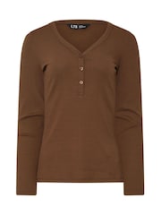 Long Tall Sally Brown Long Sleeve Ribbed Henley Top - Image 6 of 6