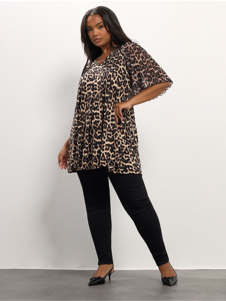 Yours Curve Brown Pleated Mesh Sleeve Top - Image 2 of 5 Yours Curve Brown Pleated Mesh Sleeve Top - Image 2 of 5