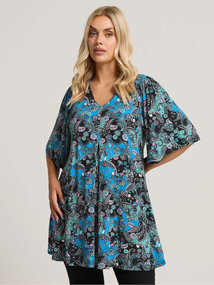 Yours Curve Blue Pleated Swing Top - Image 1 of 5 Yours Curve Blue Pleated Swing Top - Image 1 of 5