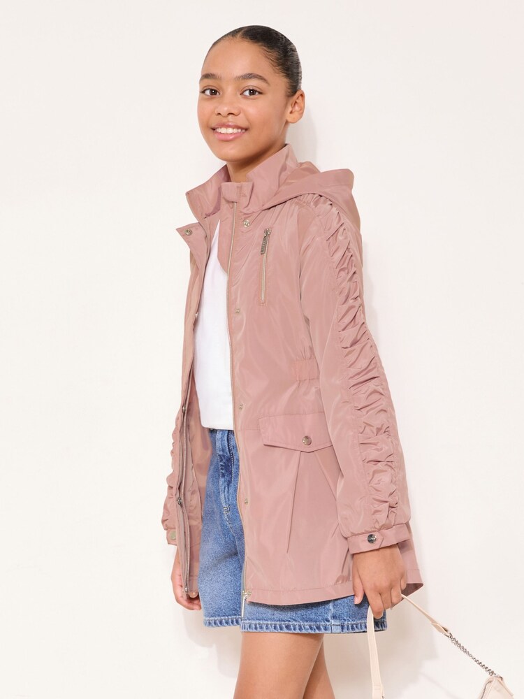 Lipsy Pink Shower Resistant Lightweight Ruched Raincoat (5-14yrs) - Image 1 of 5