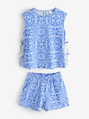 Blue 100% Cotton Geometric Print Top and Short Co-Ord Set - Image 1 of 1