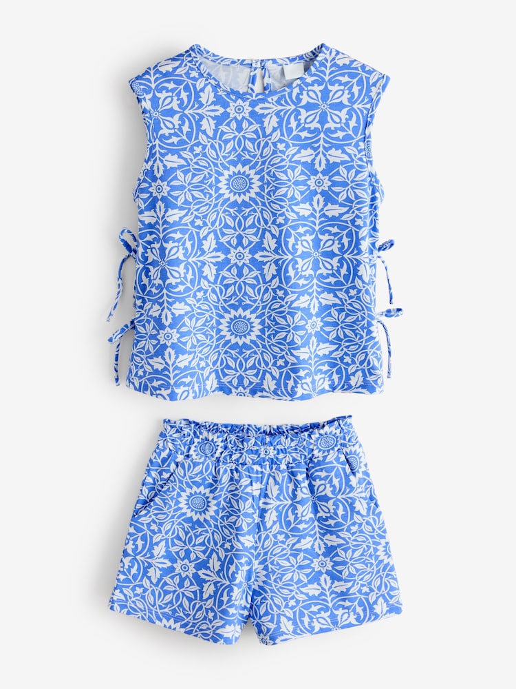 Blue 100% Cotton Geometric Print Top and Short Co-Ord Set - Image 1 of 1