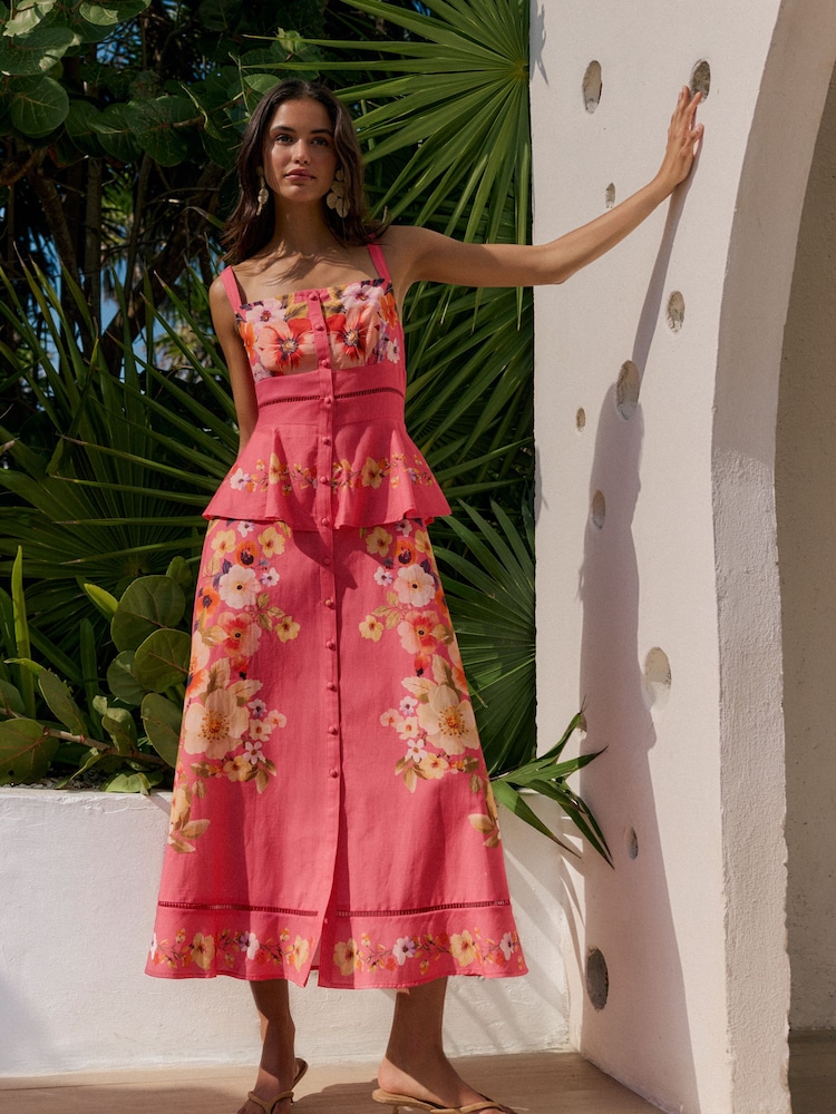 Friends Like These Coral Pink Strappy Peplum Hem Midi Dress - Image 1 of 4