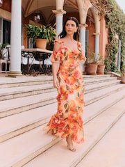 Friends Like These X Lucy Mecklenburgh Orange Cold Shoulder Ruffle Chiffon Midi Dress - Image 1 of 4
