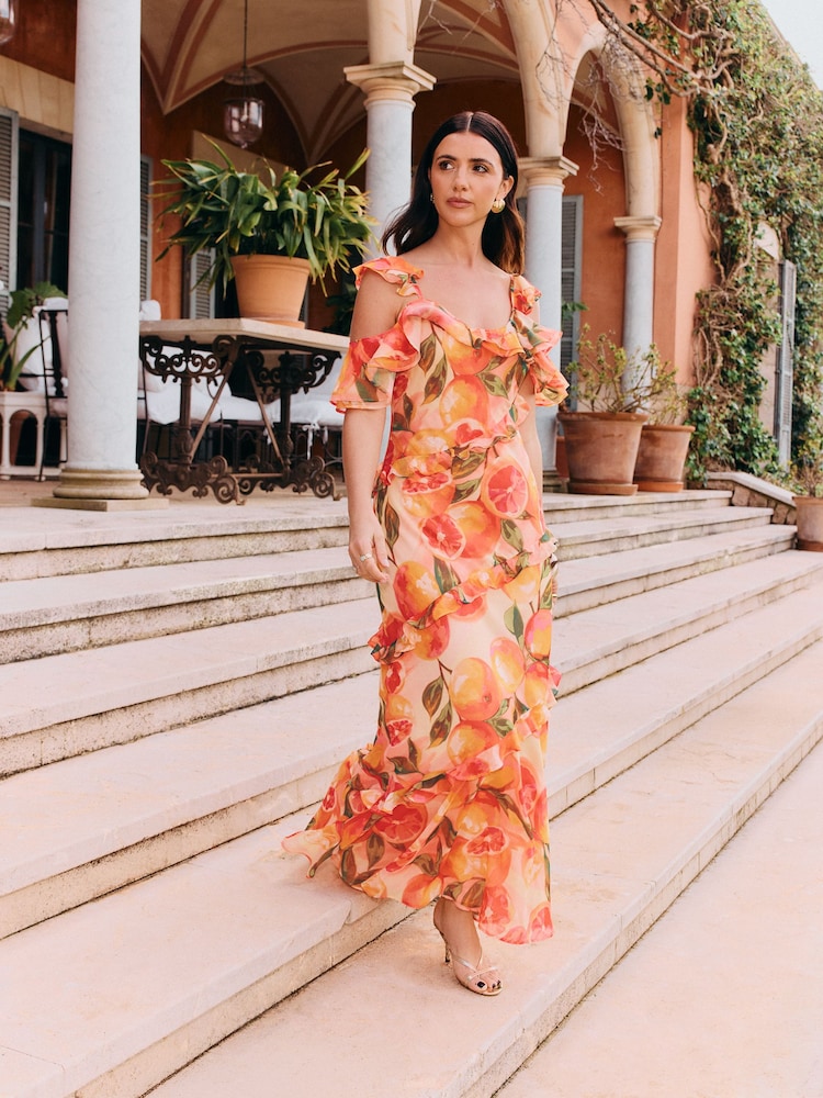Friends Like These X Lucy Mecklenburgh Orange Cold Shoulder Ruffle Chiffon Midi Dress - Image 1 of 4