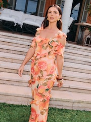 Friends Like These X Lucy Mecklenburgh Orange Cold Shoulder Ruffle Chiffon Midi Dress - Image 2 of 4