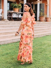 Friends Like These X Lucy Mecklenburgh Orange Cold Shoulder Ruffle Chiffon Midi Dress - Image 3 of 4