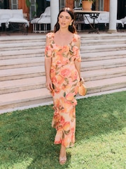 Friends Like These X Lucy Mecklenburgh Orange Cold Shoulder Ruffle Chiffon Midi Dress - Image 4 of 4