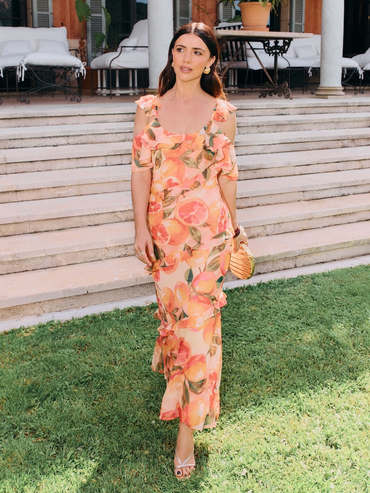 Friends Like These X Lucy Mecklenburgh Orange Cold Shoulder Ruffle Chiffon Midi Dress - Image 4 of 4