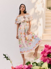 Friends Like These Ruffle Bardot Belted Midi Dress - Imaginea 1 din 4