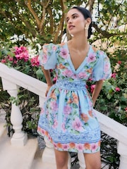Friends Like These Blue Floral Puff Sleeve Mini Dress - Image 1 of 5