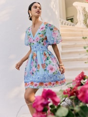 Friends Like These Blue Floral Puff Sleeve Mini Dress - Image 3 of 5