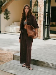 Chocolate Brown Broderie Crop Wide Leg Trousers - Image 1 of 8