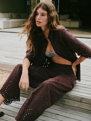 Chocolate Brown Broderie Crop Wide Leg Trousers - Image 2 of 8