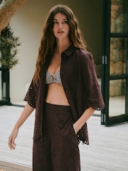 Chocolate Brown N. Premium Broderie 3/4 Sleeve Shirt - Image 1 of 9