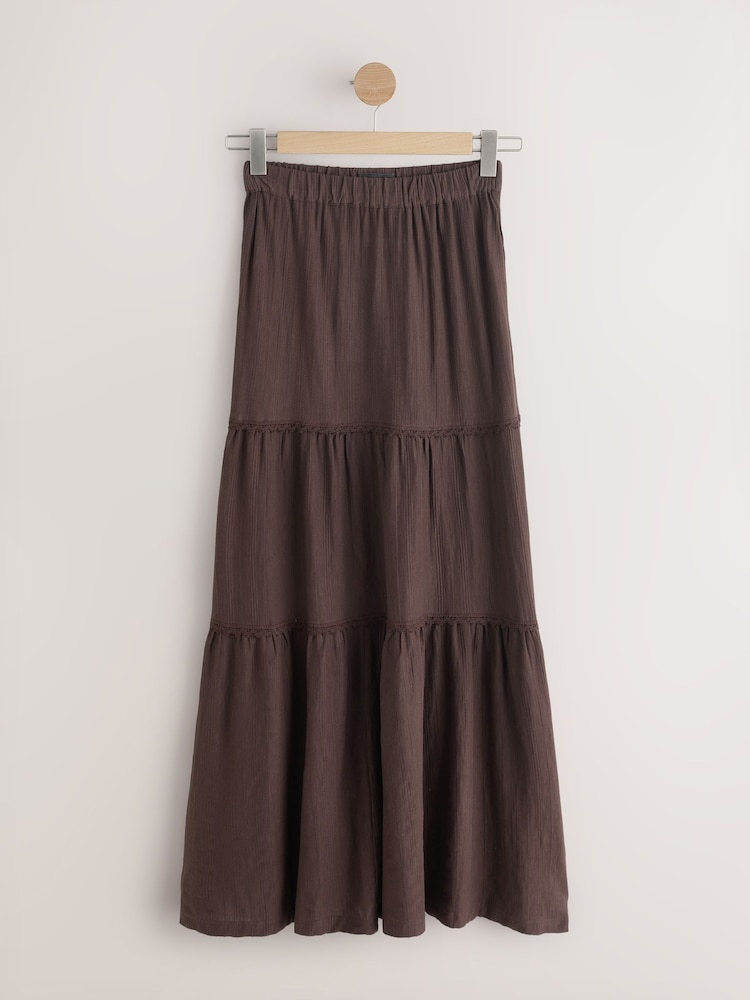 Chocolate Brown Cotton Tiered Maxi Skirt - Image 1 of 3