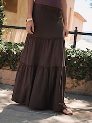 Chocolate Brown Cotton Tiered Maxi Skirt - Image 4 of 9