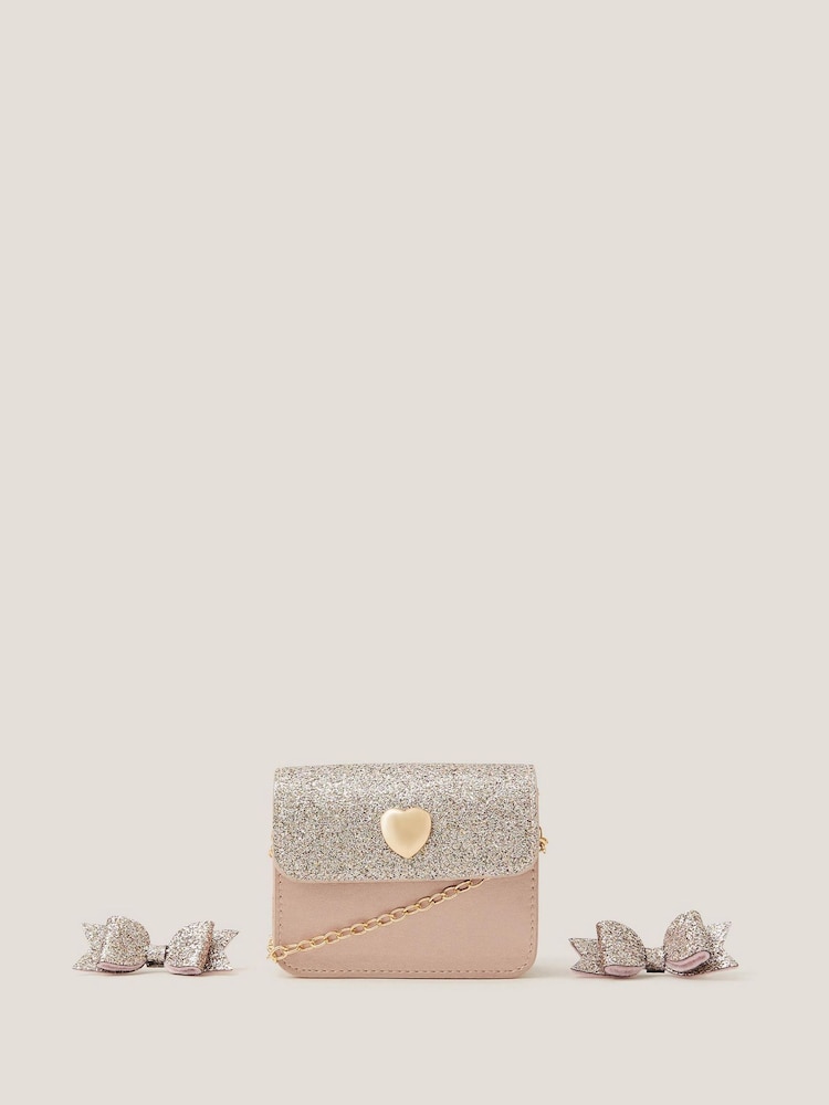 Monsoon Pink Mini Glitter Bag & Bow Hair Clips Set - Image 1 of 4 Monsoon Pink Mini Glitter Bag & Bow Hair Clips Set - Image 1 of 4