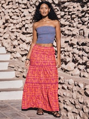 Pink/Orange Floral Print Cotton Tiered Maxi Skirt - Image 1 of 9