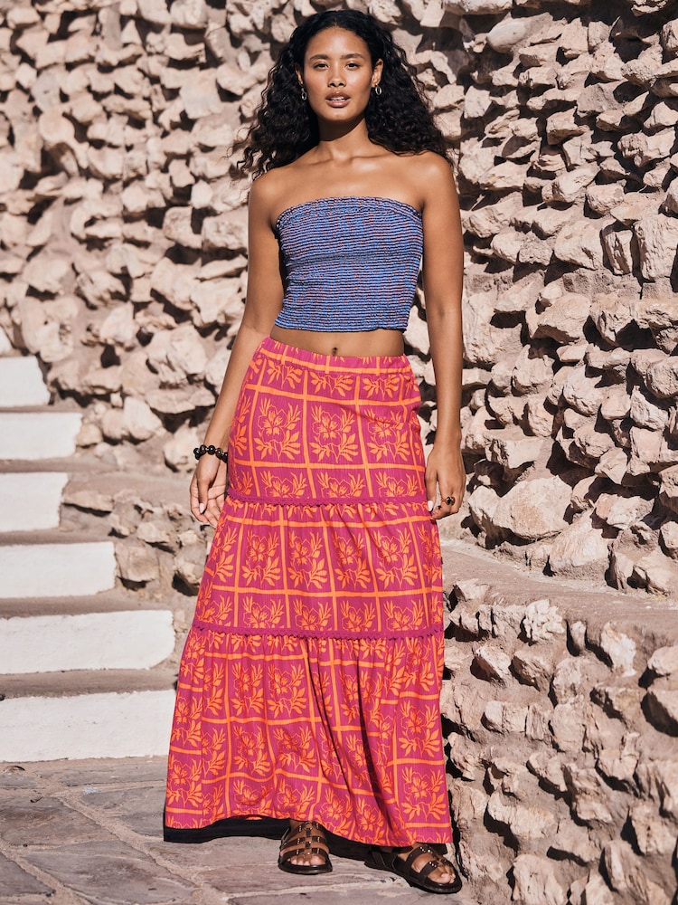 Pink/Orange Floral Print Cotton Tiered Maxi Skirt - Image 1 of 9