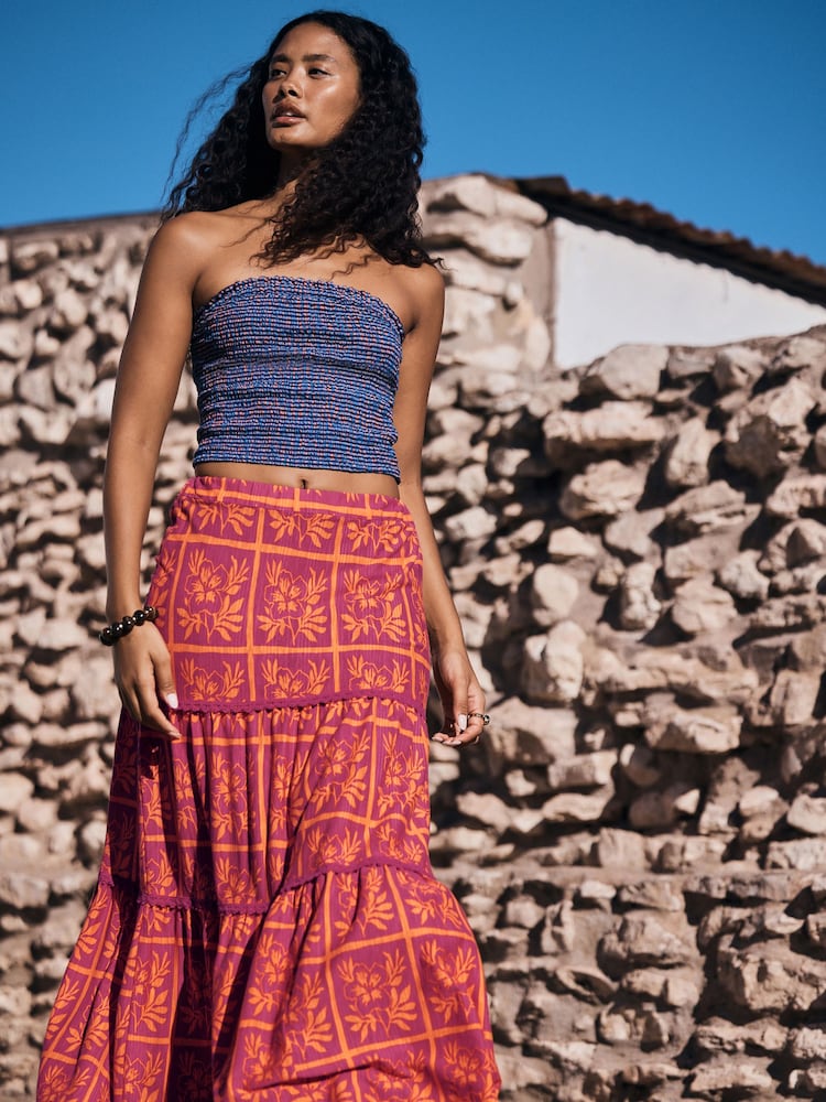 Pink/Orange Floral Print Cotton Tiered Maxi Skirt - Image 2 of 9