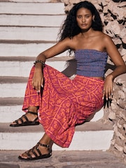 Pink/Orange Floral Print Cotton Tiered Maxi Skirt - Image 3 of 9
