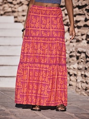 Pink/Orange Floral Print Cotton Tiered Maxi Skirt - Image 4 of 9