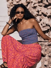 Pink/Orange Floral Print Cotton Tiered Maxi Skirt - Image 6 of 9