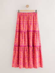 Pink/Orange Floral Print Cotton Tiered Maxi Skirt - Image 7 of 9