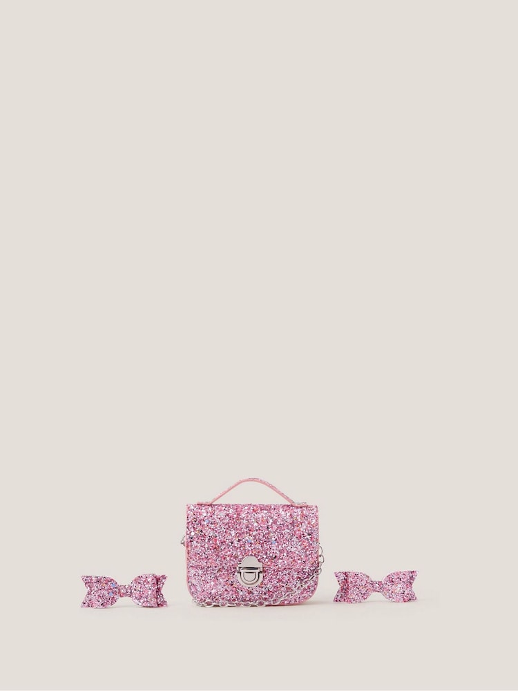 Monsoon Pink Glitter Satchel Bag & Hair Clips Set - Image 1 of 4 Monsoon Pink Glitter Satchel Bag & Hair Clips Set - Image 1 of 4