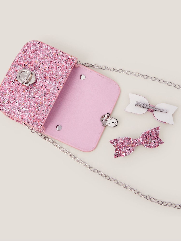 Monsoon Pink Glitter Satchel Bag & Hair Clips Set - Image 4 of 4 Monsoon Pink Glitter Satchel Bag & Hair Clips Set - Image 4 of 4