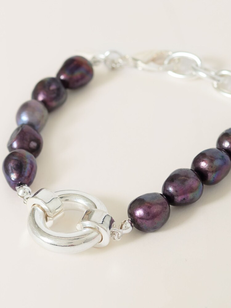 Jigsaw Silver Tone Black Pearl Chain Bracelet - Image 2 of 3 Jigsaw Silver Tone Black Pearl Chain Bracelet - Image 2 of 3