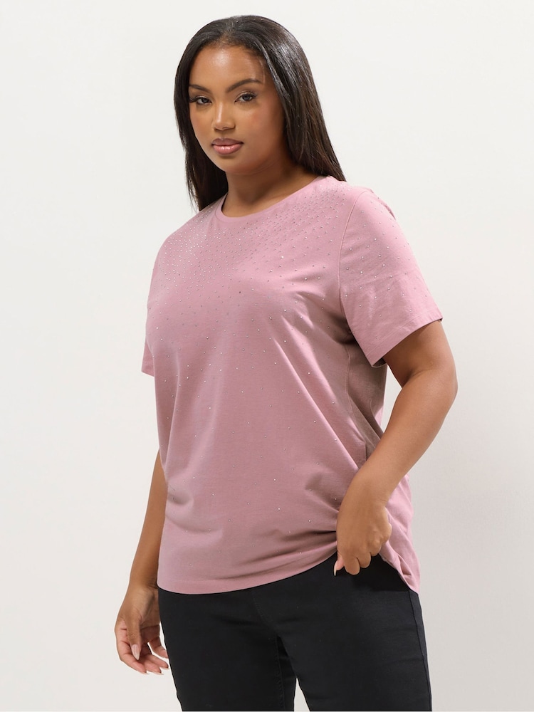 Yours Curve Pink Diamante Set In Sleeve T-Shirt - Image 1 of 5
