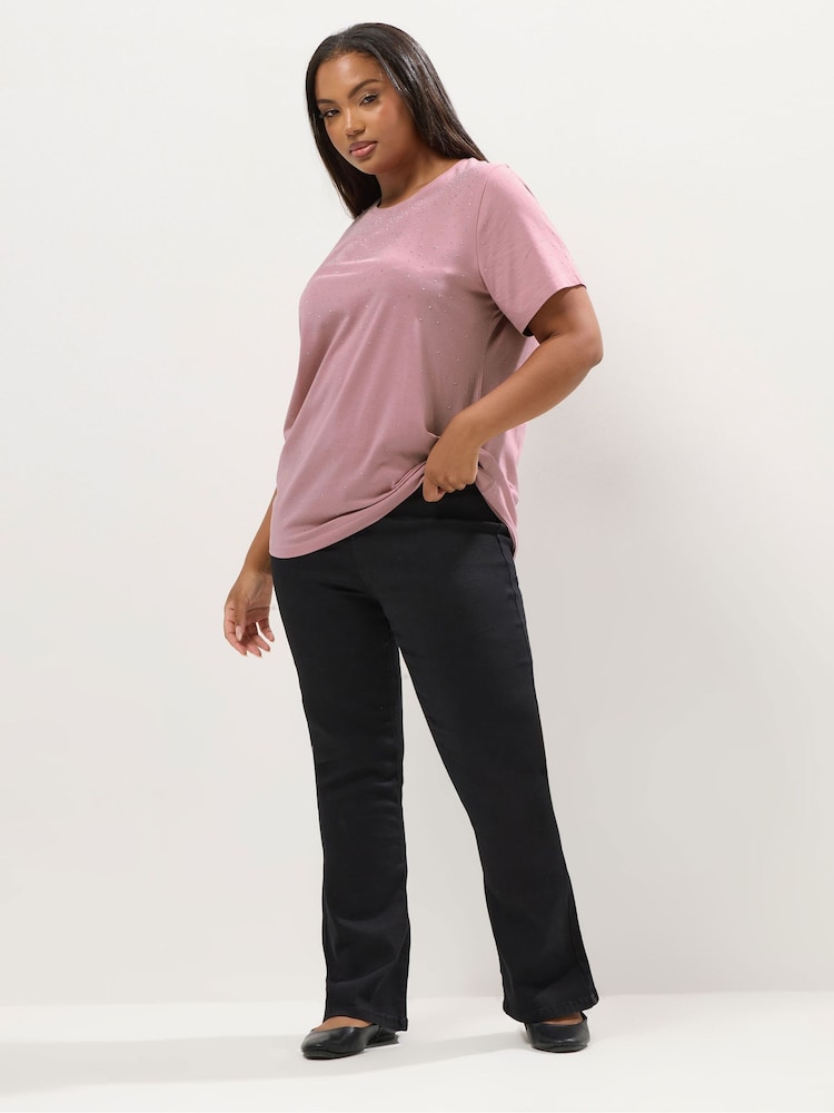 Yours Curve Pink Diamante Set In Sleeve T-Shirt - Image 2 of 5