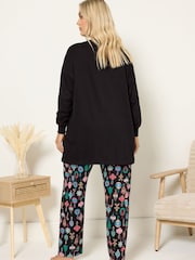 Yours Curve Black Holly Jolly Long Sleeve Wide Leg Pyjamas Set - Image 3 of 6