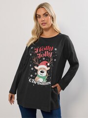 Yours Curve Black Christmas Holly Jolly T-Shirt - Image 1 of 5