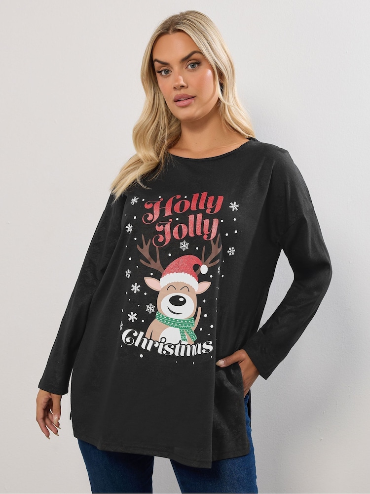 Yours Curve Black Christmas Holly Jolly T-Shirt - Image 1 of 5