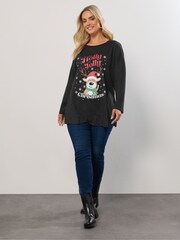 Yours Curve Black Christmas Holly Jolly T-Shirt - Image 2 of 5