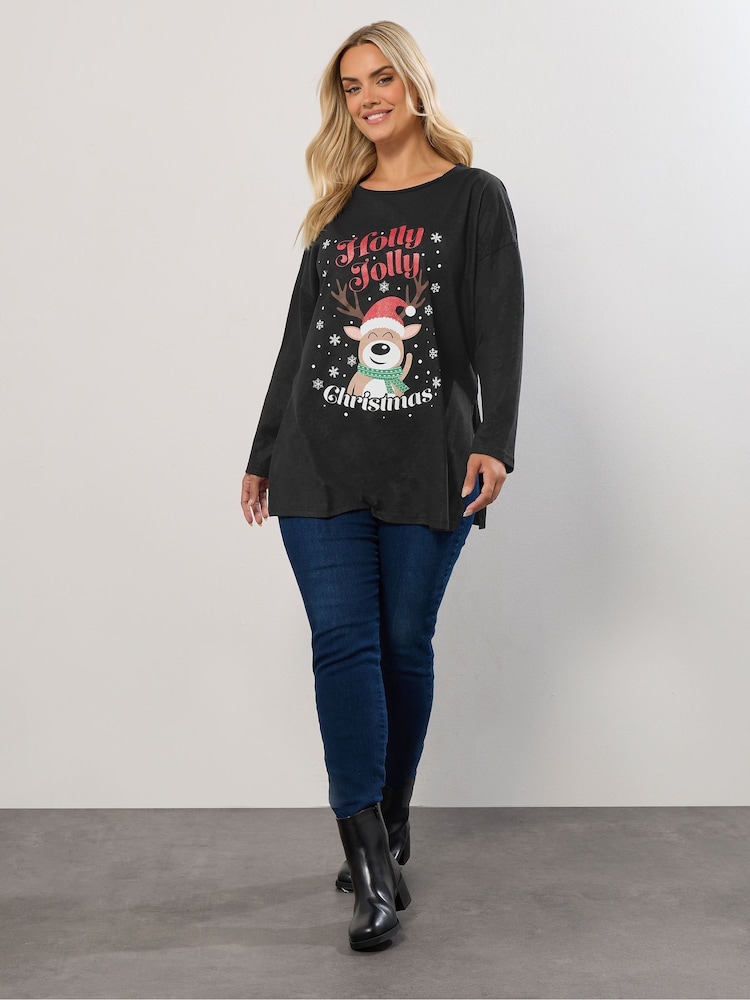 Yours Curve Black Christmas Holly Jolly T-Shirt - Image 2 of 5